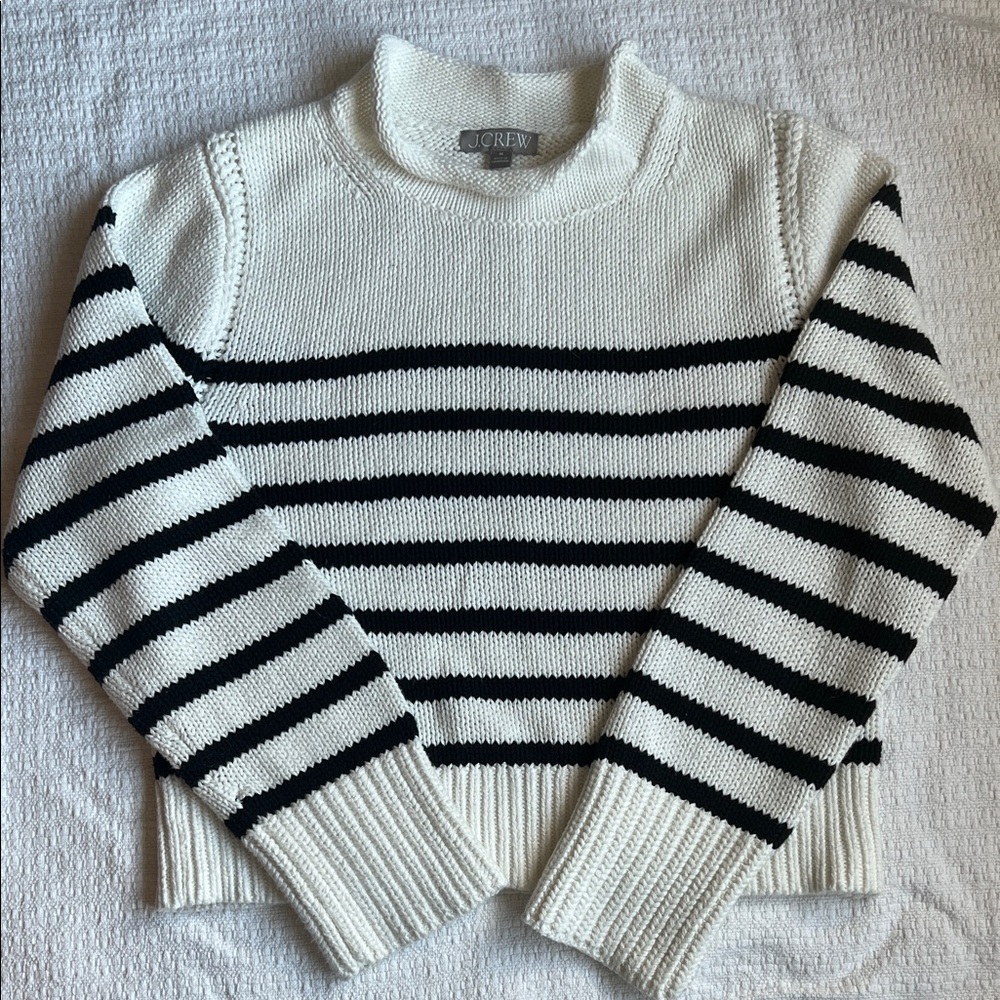 J. Crew Women's Striped Black and White Cotton Rollneck Sweater